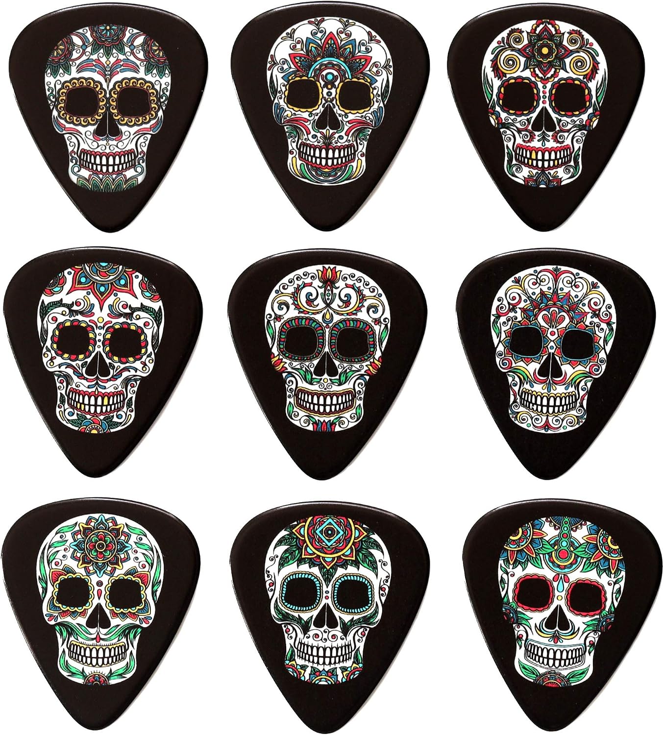 Sugar Skull Guitar Picks Set of 9 Double Sided Harmony Picks, Black, 0.71 millimeters