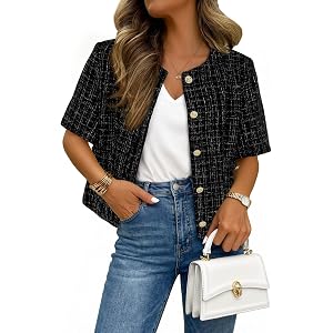 AlisOker Womens Tweed Suit Blazer Jacket Short Sleeve Business Casual Coat | Collarless Tweed Trendy Jacket with Golden Butto