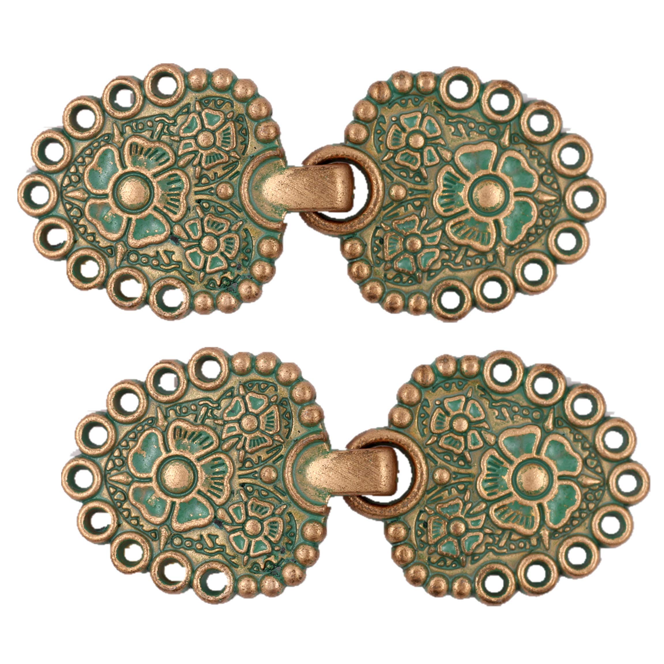 Bezelry Romantic Bouquet Hook and Eye Cloak Clasp Fasteners Pack of 4 Pairs 62mm x 25mm Fastened. (Copper Green)