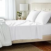 Amazon Basics 4 Piece Comfortable Cotton Jersey Bed Sheet Set, Includes Soft Flat and Fitted Sheets, Pillowcase, Queen, White, Solid