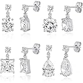 MDFUN 4 Pairs Teardrop Dangle Stud Earrings Set for Women, 18K Gold Plated Round Princess Cut Clear Cubic Zirconia Tear Drop Dangle Stud Earrings Hypoallergenic Jewelry