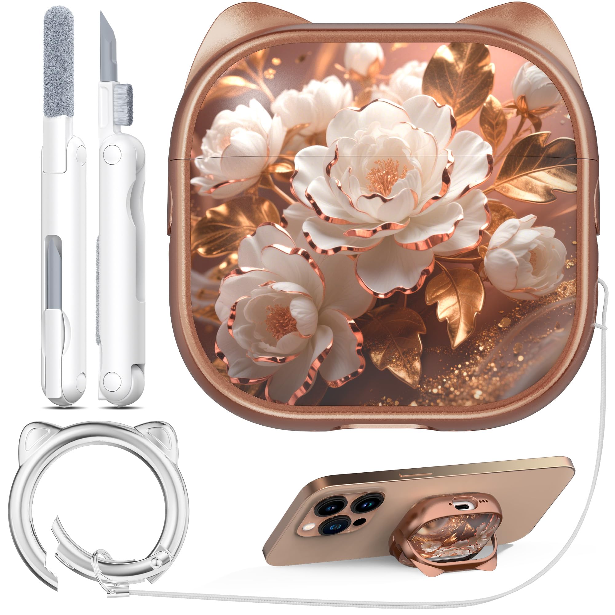 Photo 1 of RFUNGUANGO AirPods 4 Case for Women Girly Cat Case with Lock, Phone Stand, Keychain & Cleaner Kit, Compatible with Apple Airpods 4th Generation Case Cover, Rose Gold Peony