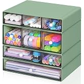 FODIENS Desk Storage Organizer with 9 Drawers, 4 Tiers Stackable Desktop Craft Storage Drawers, Clear Storage Box Caddy for Stationary Makeup Jewelry Office Craft Supplies (Green)
