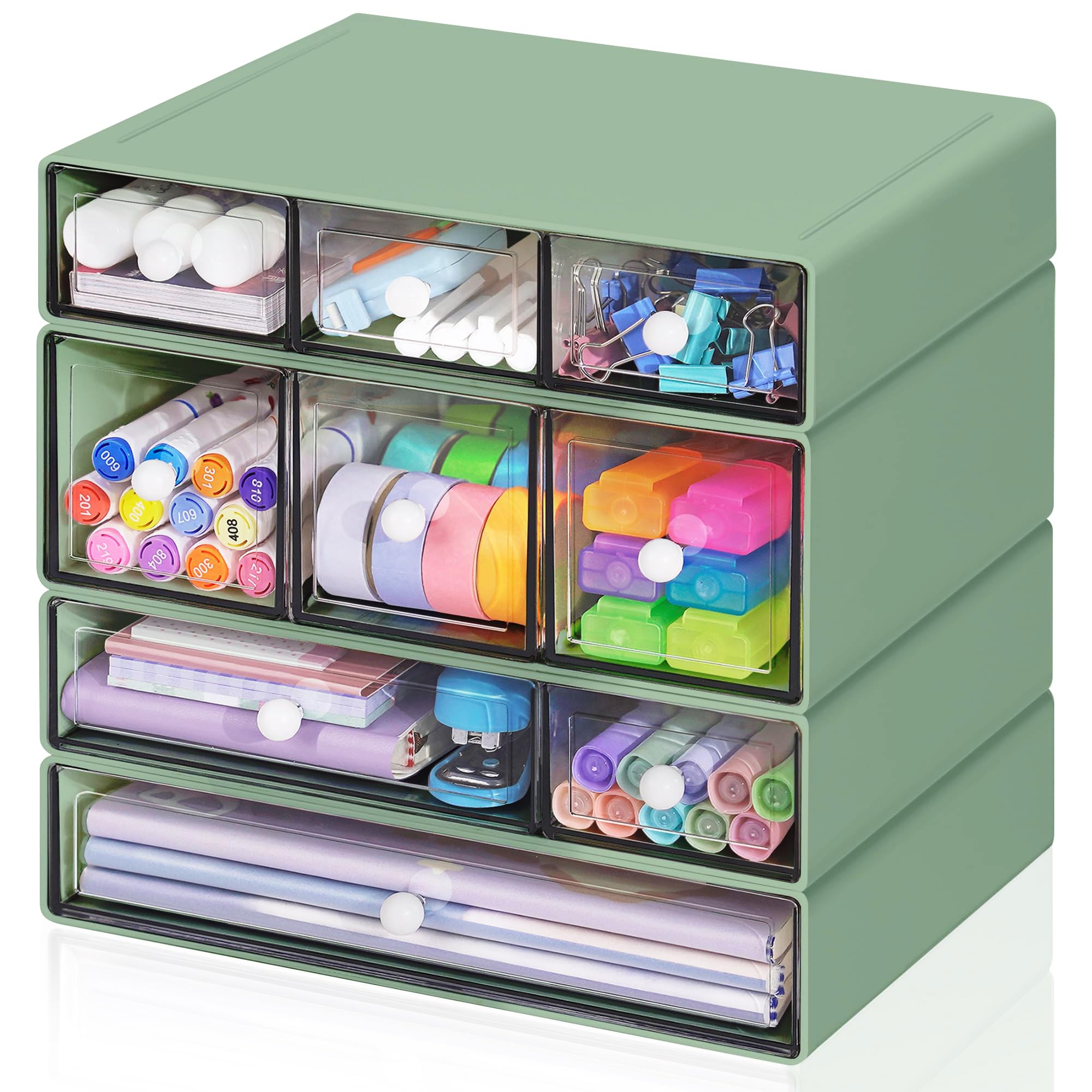 Photo 1 of FODIENS Desk Storage Organizer with 9 Drawers, 4 Tiers Stackable Desktop Craft Storage Drawers, Clear Storage Box Caddy for Stationary Makeup Jewelry Office Craft Supplies (Green)