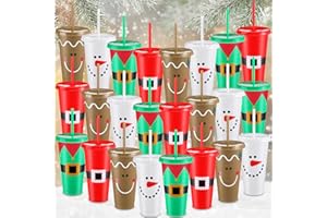 Skylety 24 Pcs Reusable Christmas Cups Bulk Plastic Coffee Cups Travel Mug 24 oz 4 Styles Christmas Reusable Tumbler with Lids and Straws for Wine Hot Cold Drinks Xmas Party Supply