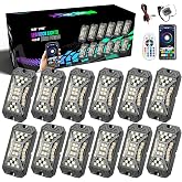 SUNPIE 12 Pods RGBW Rock Lights with 3.4M Extension Wires and Switch Wire | Wide beam angle, aluminium housing, 30 Chips, includes mounting pads, IP67, fits trucks, SUV, ATV, UTV, trailer, boats