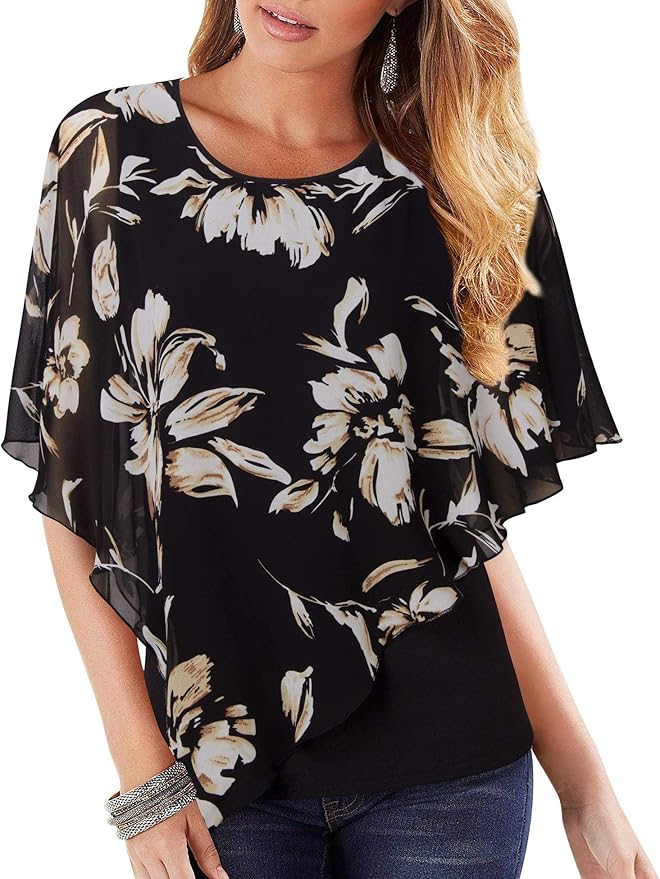 Lotusmile Women's Lightweight Flowy Shirt DoubleLayered Printed