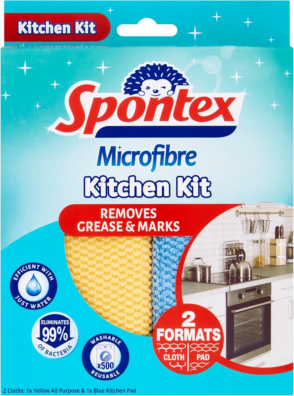 Spontex Microfibre Kitchen Kit - Kitchen & All Purpose Cloths 17x23cm & 32x32cm