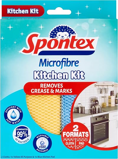 Spontex Microfibre Kitchen Kit - Kitchen & All Purpose Cloths 17x23cm & 32x32cm