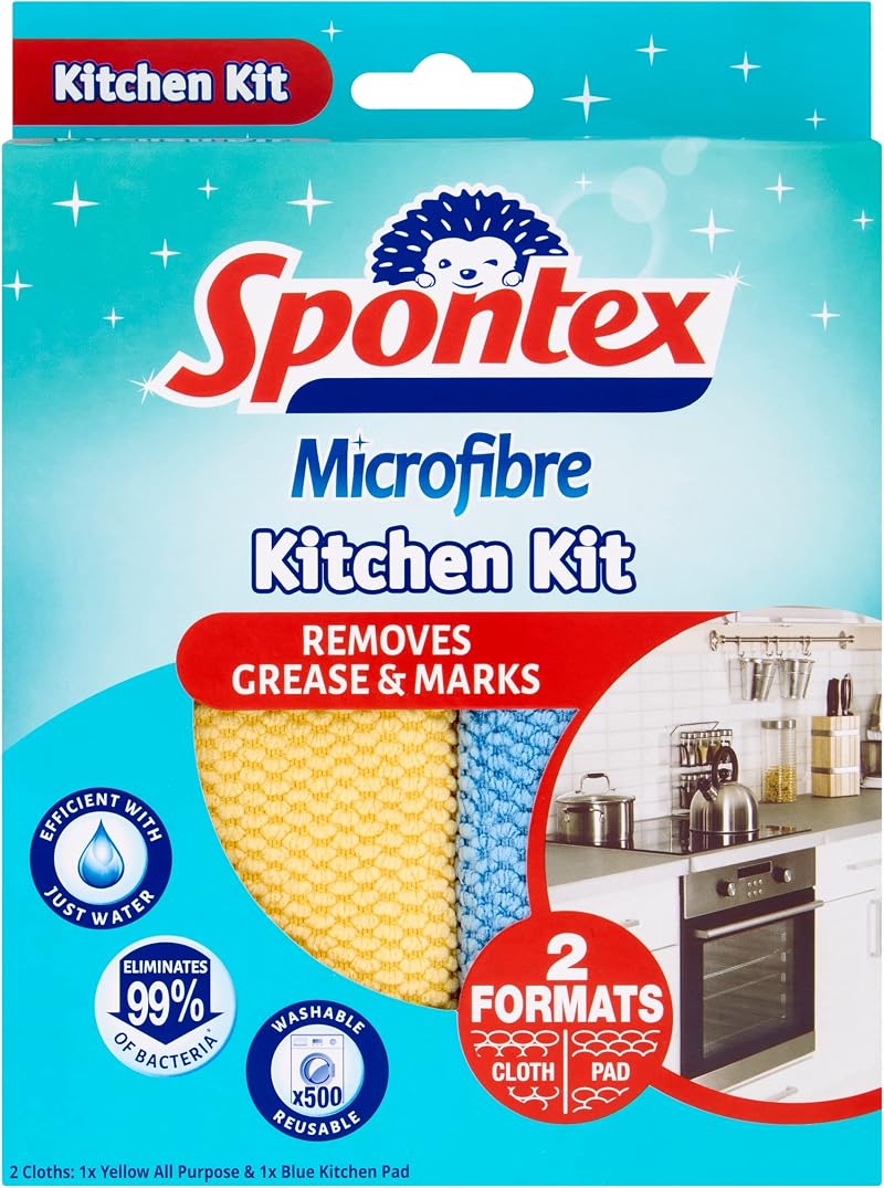 Spontex Microfibre Kitchen Kit - Kitchen & All Purpose Cloths 17x23cm & 32x32cm