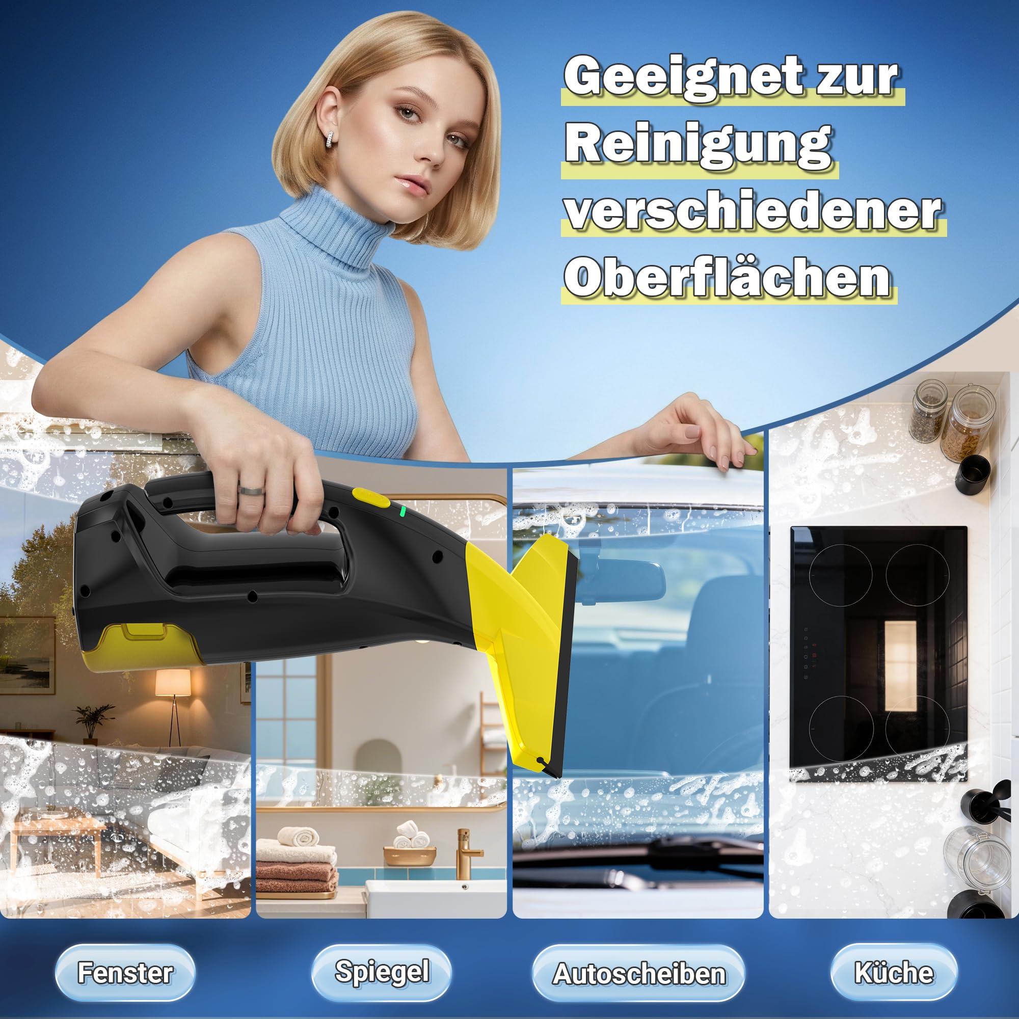 Fenstersauger Set, Akku Fenstersauger mit 45 Minuten Akkulaufzeit, Fensterreiniger Elektrisch mit 28cm Saugdüse & 200ml Wassertank, Geeignet für Fenster, Fliesen und Spiegel (grün) 7