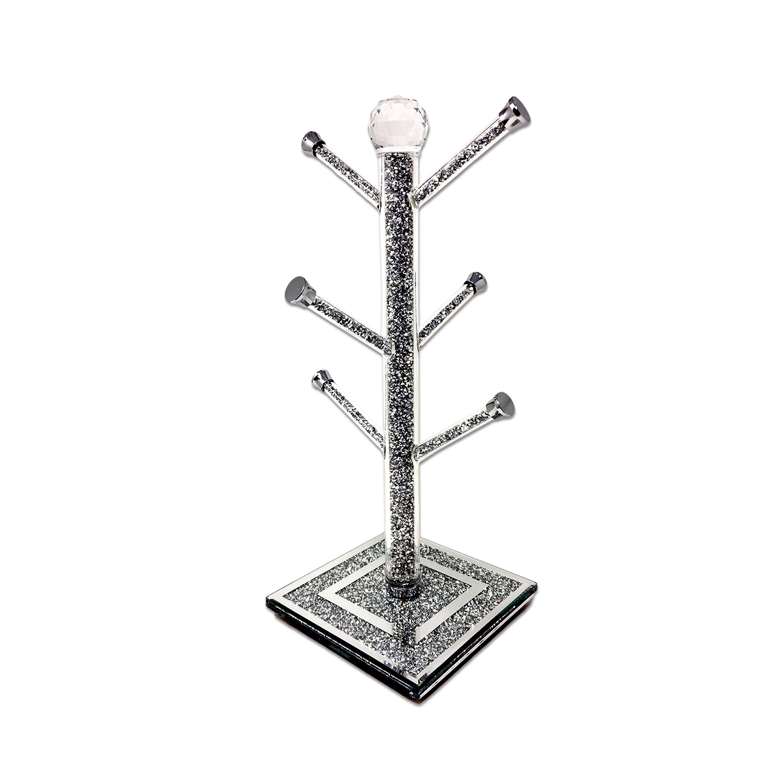 Amazing Gift Crushed Diamond Kitchen Mug Tree Cup Holder with Silver Trimmings, Silver Glass Sparkle Ornament Bling Crushed Diamond Gift, Eye Catching Elegant Look for Home and Kitchen Decorations