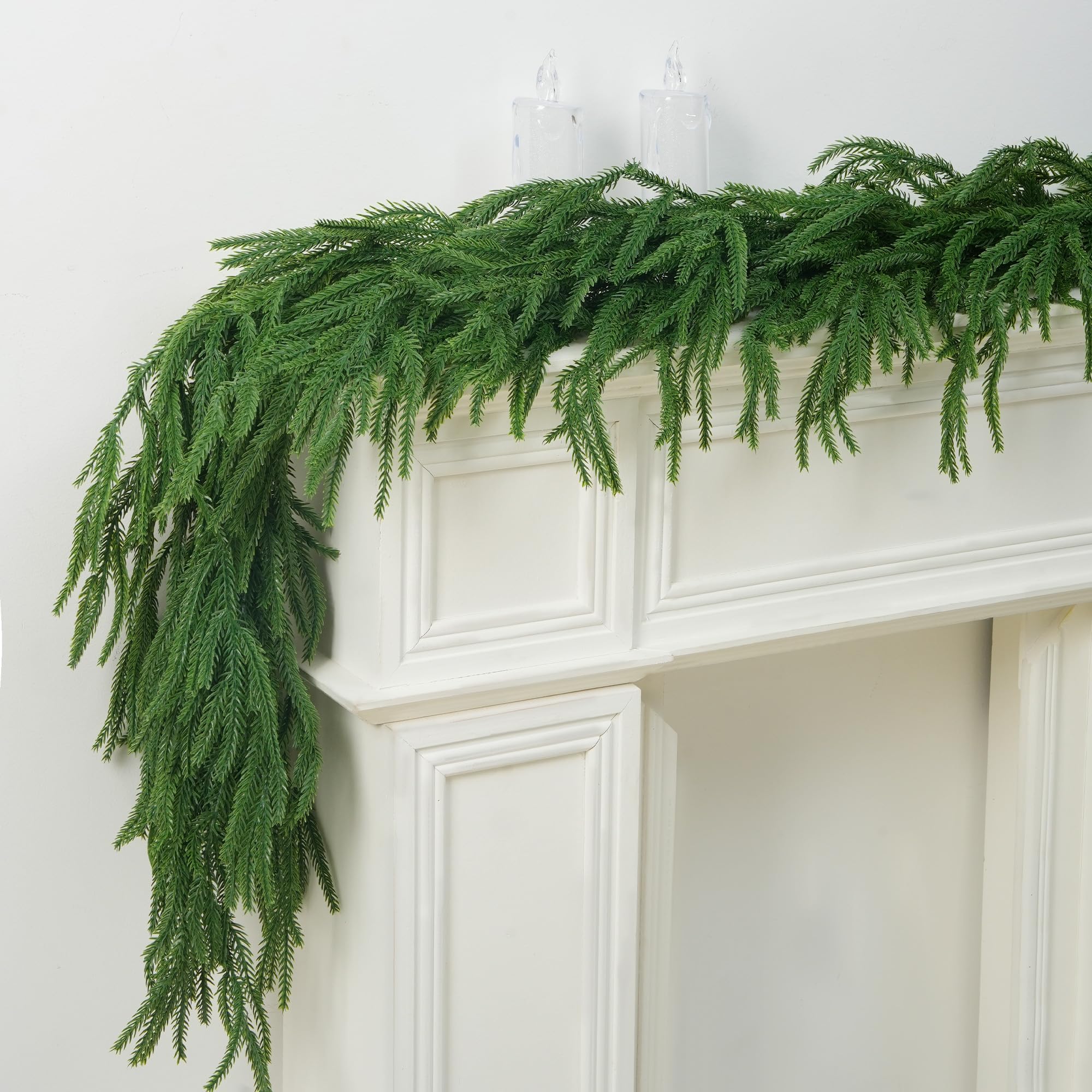 Photo 1 of 2 PCS-9FT Artificial Norfolk Pine Garlands - Real Touch Winter Pine Garland, Green Artificial Greenery Garland for Table, Mantle, Wall, Indoor, Outdoor Christmas Decorations