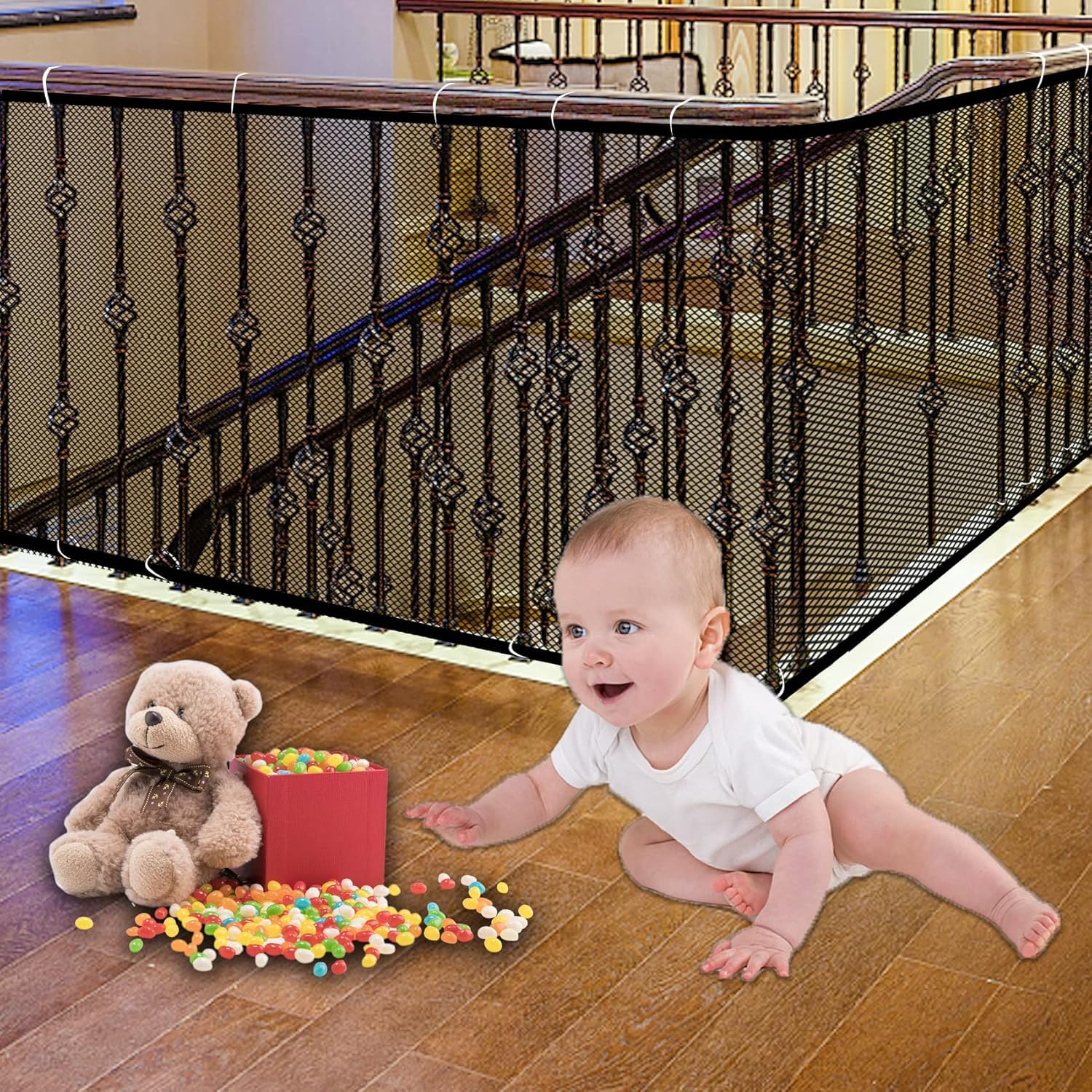 Photo 1 of JIFTOK Baby Gate for Stairs, Banister Guard for Kids, Pets, Toys, 10ft L x 2.6 ft H, Mesh Netting Safety Net for Balcony Rail Stair, Stairway Net Baby Safety Products for Indoor & Outdoor (Black)