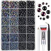 qiipii 2 Styles Solid Black +Black AB Flatback Pearls w B7000 Glue for Bedazzling Crafting 3mm-10mm Half Round Beads Gems Bedazzler Kit for Nails Face Eyes Makeup Tumblers Bottles Crafts Shoes Phones