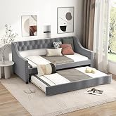 KOMFOTT Upholstered Twin Daybed with Trundle, Sofa Daybed with Backrest &amp; Armrests, Space-Saving Daybed Trundle Bed Frame for Bedroom, Guest Room &amp; Dorm, No Box Spring Needed (Grey)