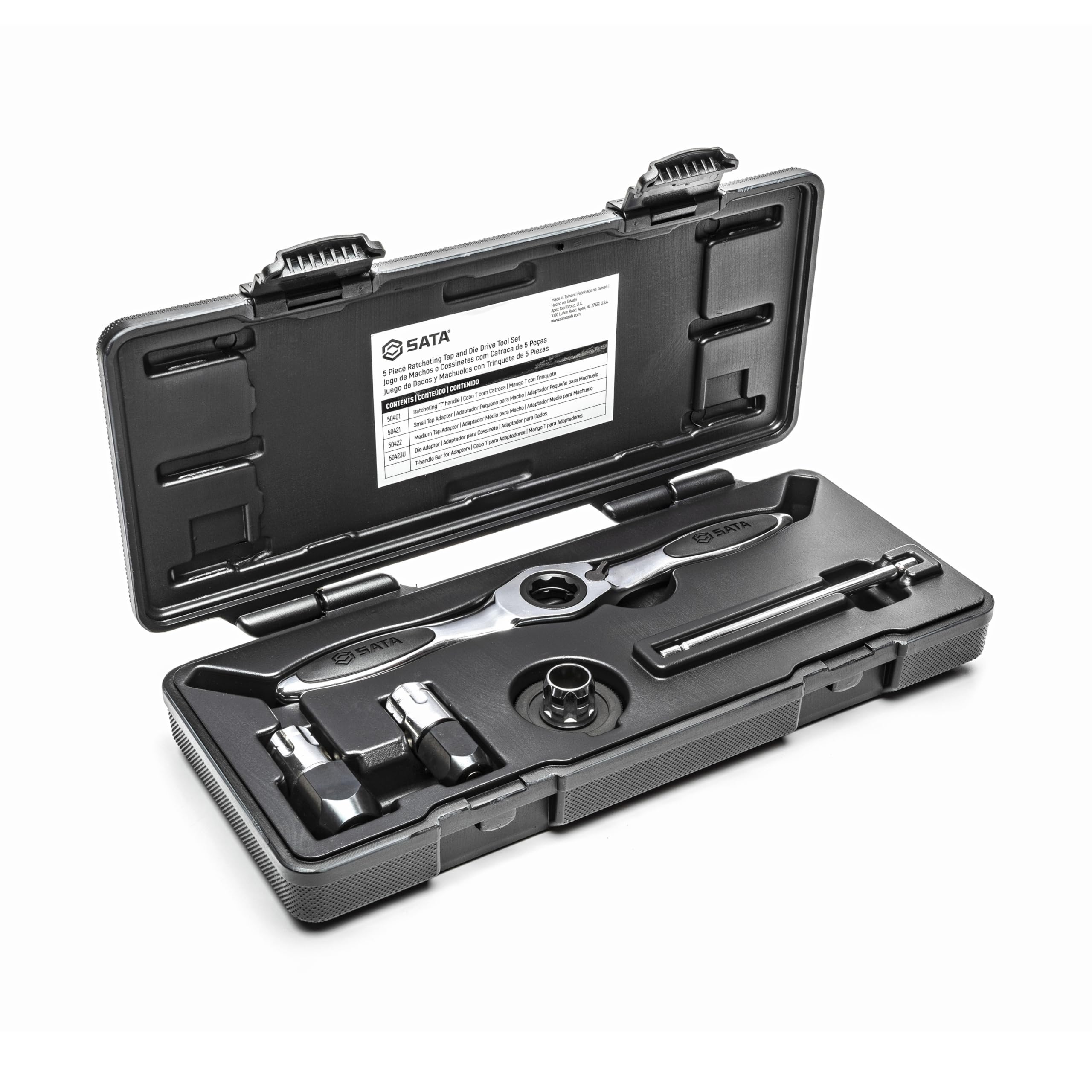 SATA ST50402 5 Piece Medium Ratcheting Tap and Die Set, 3/8-Inch Drive with T-Handle, Reversing Lever and Hard Plastic Carrying Case