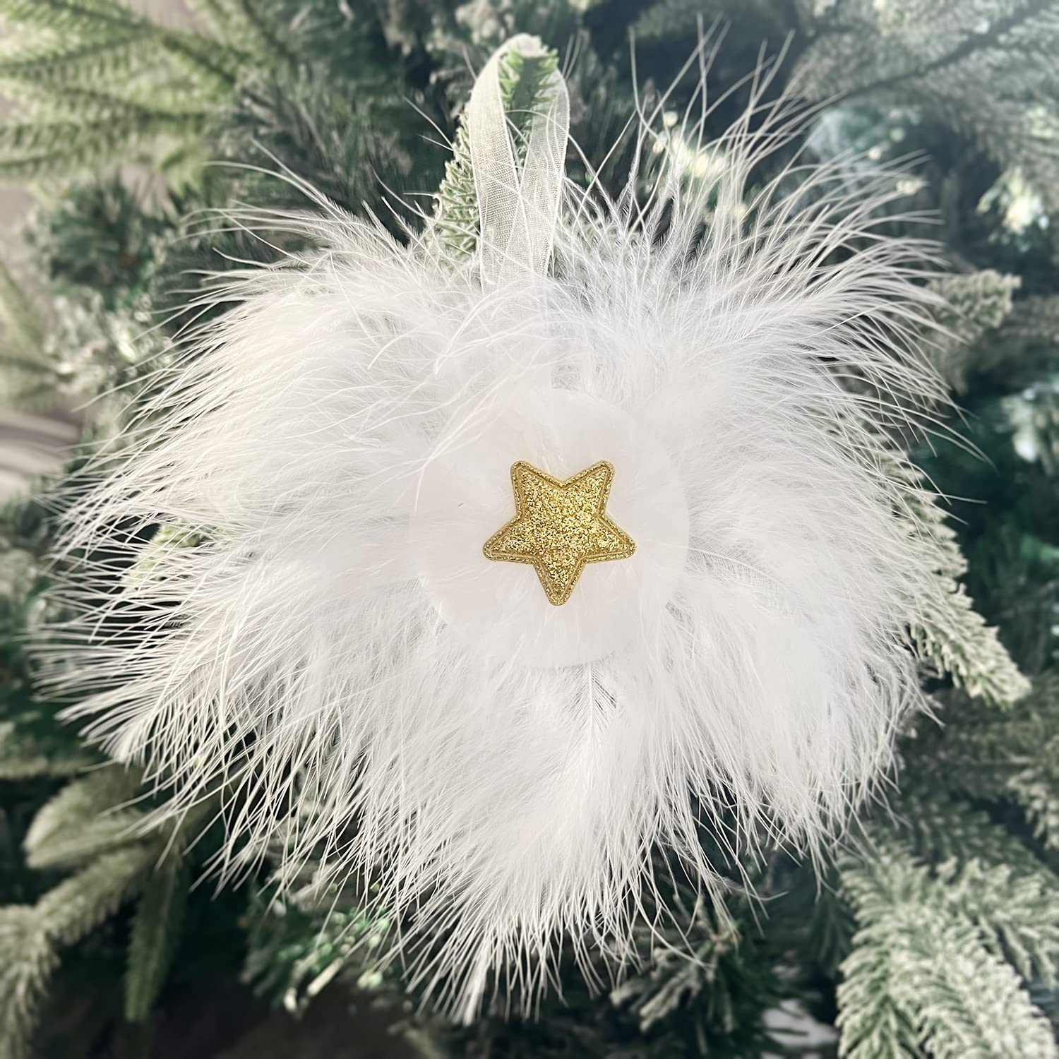 Kunjocy 10 Pcs White Feather Christmas Star Hanging Ornaments for Xmas Wedding Baby Shower Party Decoration Supplies (10)