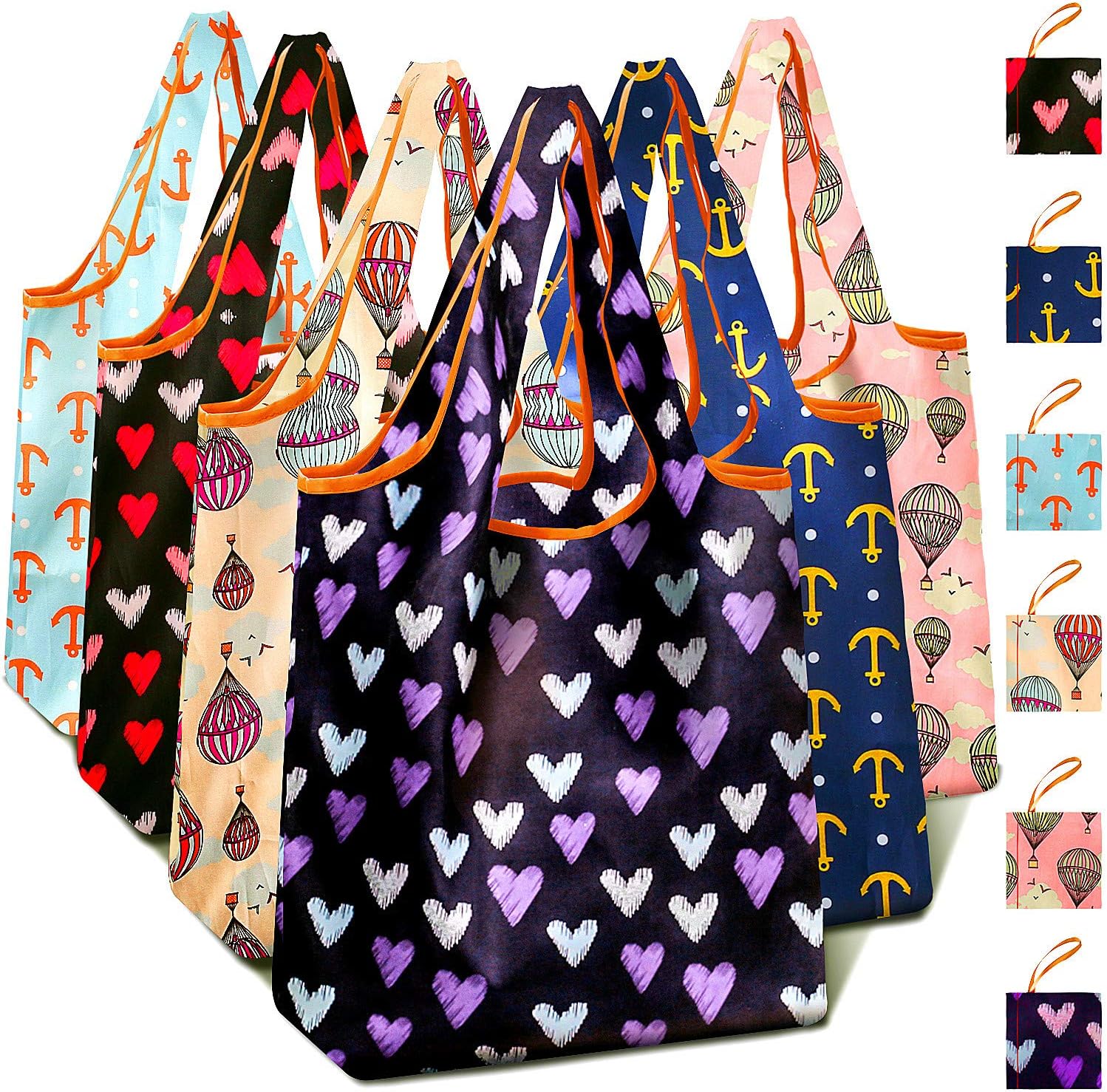 6 Pack Reusable Grocery Shopping Bags Nylon Cloth Material Machine Washable Durable Light Weight For Groceries,Shopping Trip,Camping,Library