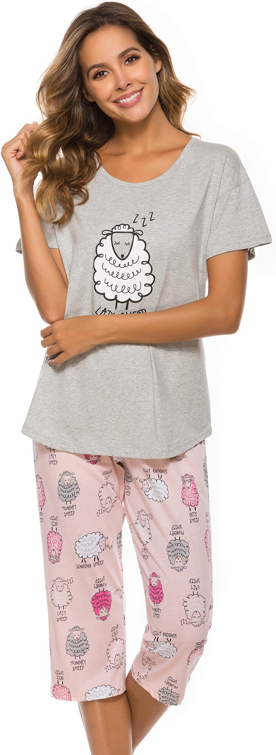 LOCUBEWomen's Pajama Sets Soft Comfy Pj Set Short Sleeve Tops and Capri Pants