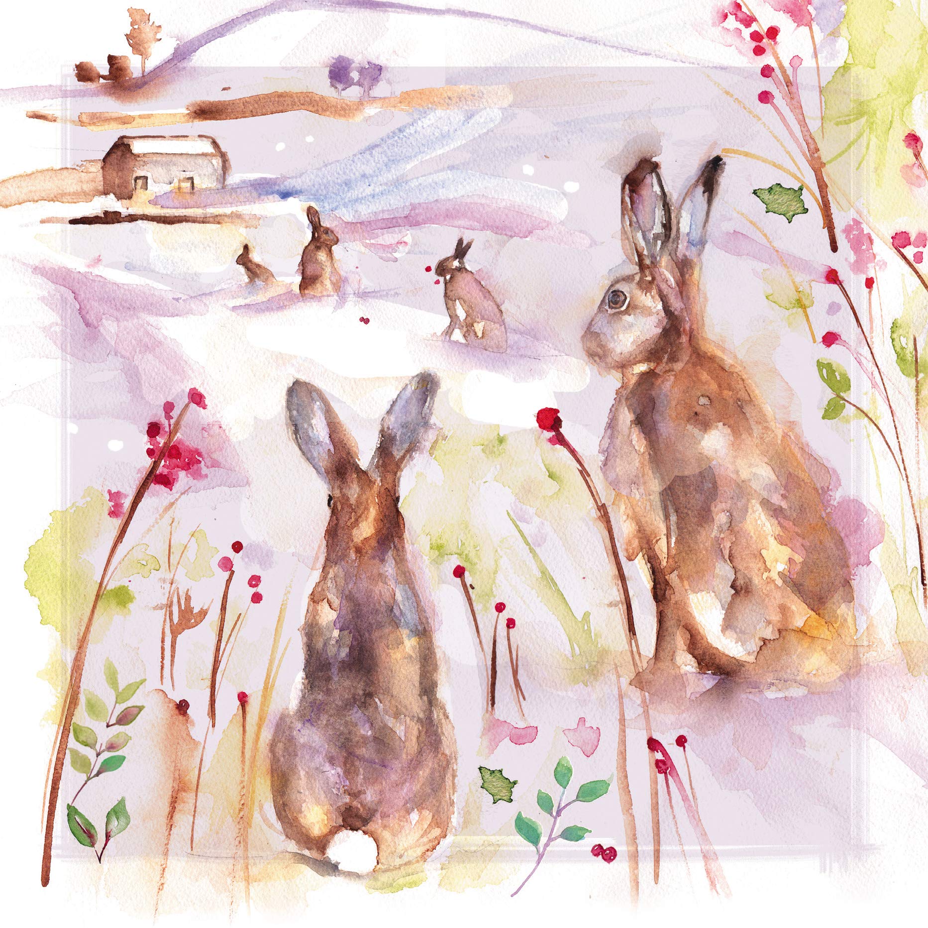 The Almanac Gallery Pack of 8 Charity Christmas Cards (ALM-ALCX0480) - Over Frosted Fields, Hares in the Snow - Stunning Artistic Christmas Cards From Sold in Aid of The Alzheimer's Society