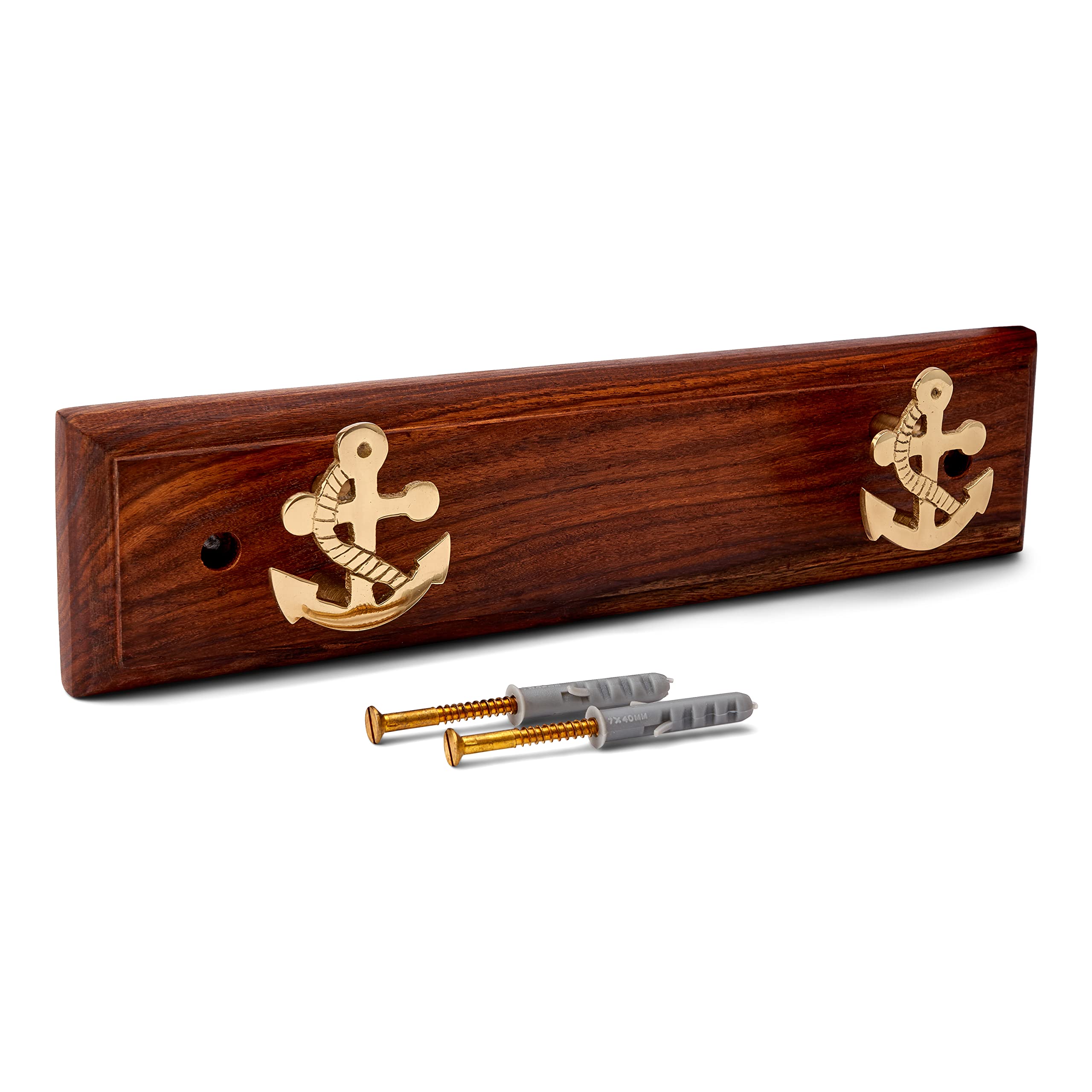 NKlaus Maritime 11615 Hook Rack with Anchor Double with Brass on Wood 30 x 7 x 4 cm