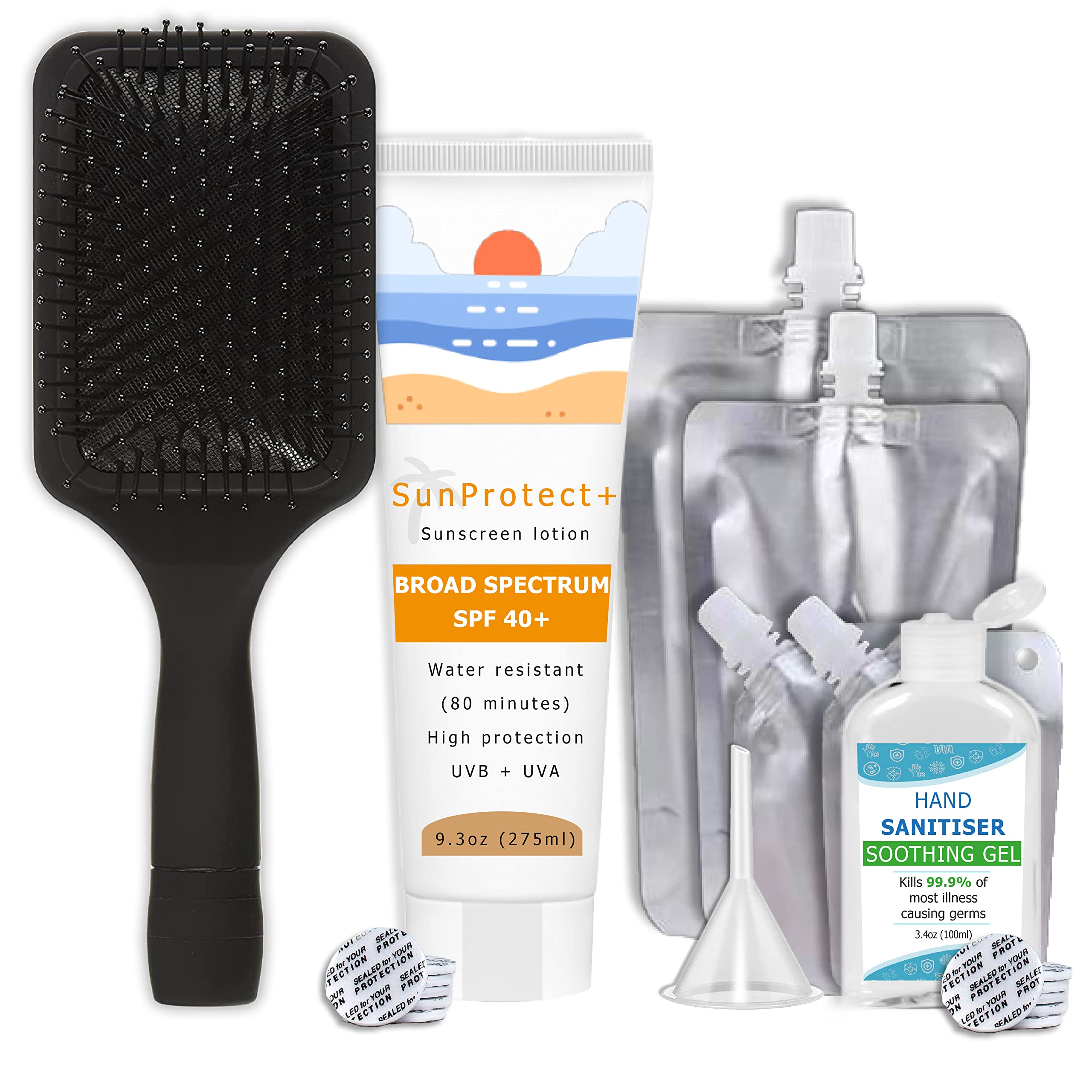 Seshlehem 7pcs Secret Flask Set - Hairbrush + Suncream + Hand Sanitiser + Pouches - 1185ML - Sneak Alcohol Anywhere - UK Based Brand