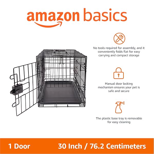 AMAZON BASICS PORTABLE, FOLDABLE METAL WIRE DOG CRATE WITH REMOVABLE TRAY, SINGLE DOOR, DIVIDER PANEL, QUICK SETUP, 30 X 19 X 21 IN, BLACK