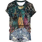 Halloween Shirts for Women Witches Gather Party Tshirt Halloween Witches Graphic Tees Witches Full Moon Art Print Shirt