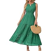 Simlakey Women 2025 Summer Maxi Dress Casual V Neck Sundress Sleeveless Hollow Out Eyelet a Line Long Flowy Beach Vacation
