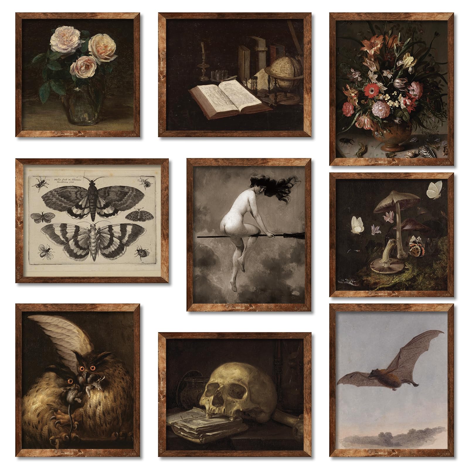 Whaline 9Pcs Dark Academia Wall Art Prints Vintage Halloween Wall Decor Witch on Broomstick Floral Skull Gothic Home Decor Wall Art for Halloween Gallery Wall Home Living Room Bedroom Decor (UNFRAMED)
