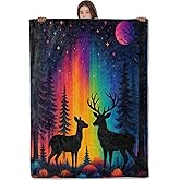 Wanoryer Deer in Northern Lights Blanket, Comfy & Warm Flannel Colorful Aurora Borealis Forest Throw Blanket for Couch, Gifts for Women, Soft Fuzzy Lightweight Travel Bed Blankets for Decor 50"×60"