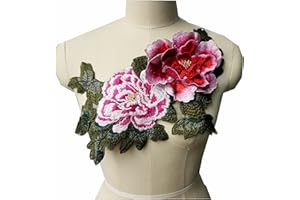 JINMOMOMO Large Embroidered 3D Peony Flowers Leaves Sew Patches Trimmings Applique Wedding Gown Dress Bridal Evening Cheongsam Dress DIY Decoration Craft (Rose Pink)