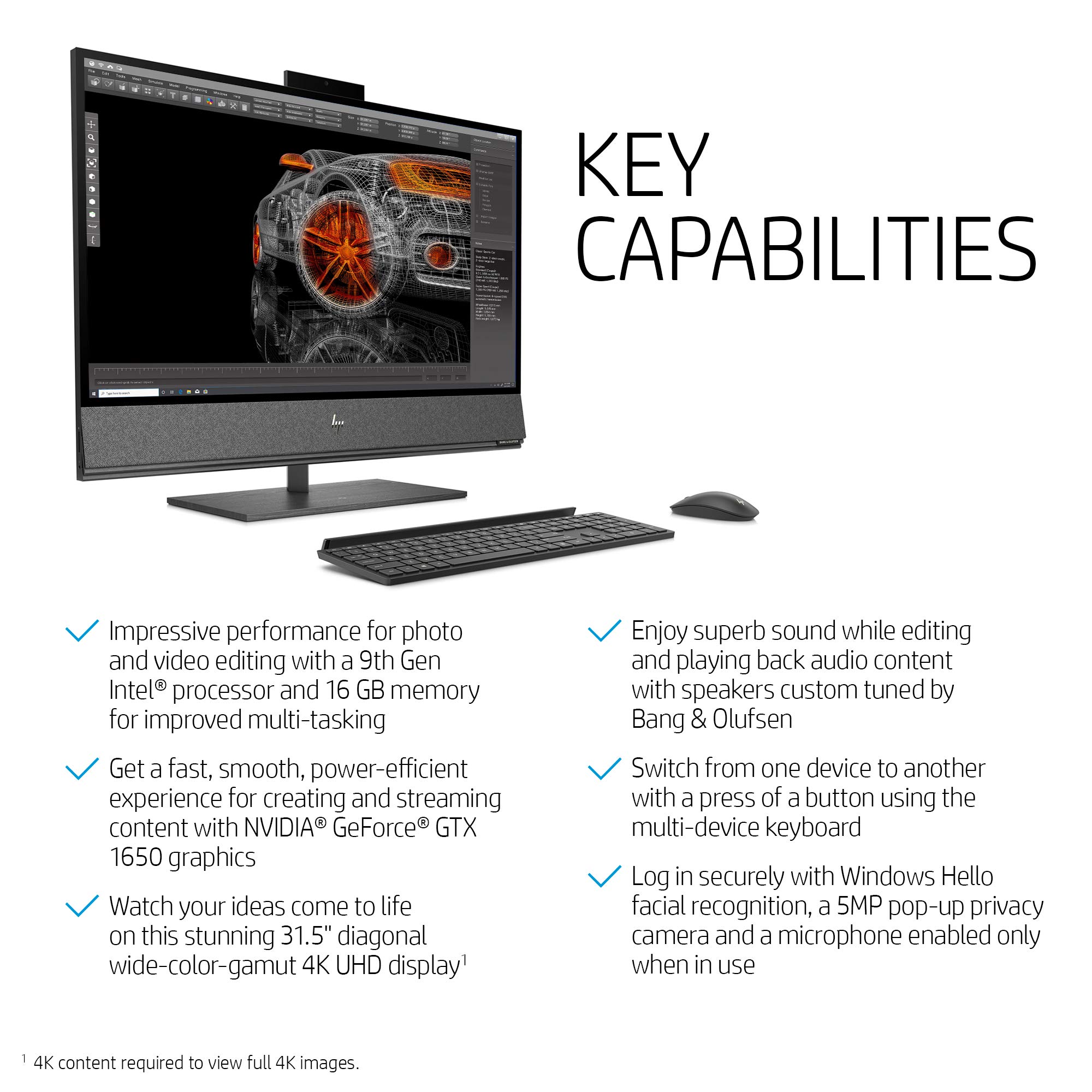 HP Envy 32 All-in-One Computer, 9th Gen Intel Core i7-9700 Processor, 4K UHD Monitor, NVIDIA GeForce GTX 1650 Graphics (4 GB), 16 GB RAM, 1 TB SSD, Windows 10 (32-a0010, Nightfall Black)