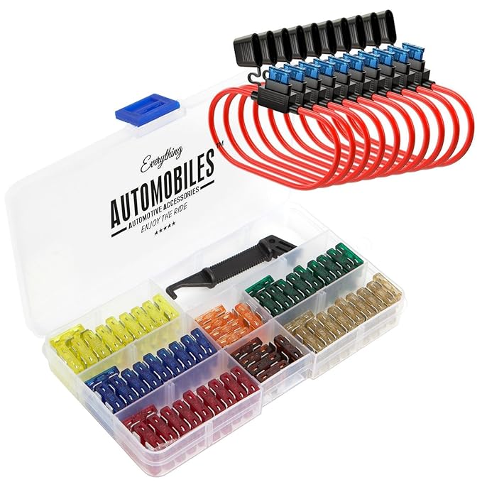 Everything Automobiles, 120 Assorted Fuses with 10 Inline Fuse Holders - Includes Fuse Puller Tool, Great for Use on Cars