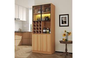 WOODTIME Tall Wine Bar Cabinet with Multi-Color Lights, Wine Rack & Glass Holder, Freestanding Liquor Cabinet with Glass Doors & Storage Shelves for Home Living Room Dining Room, Light Brown