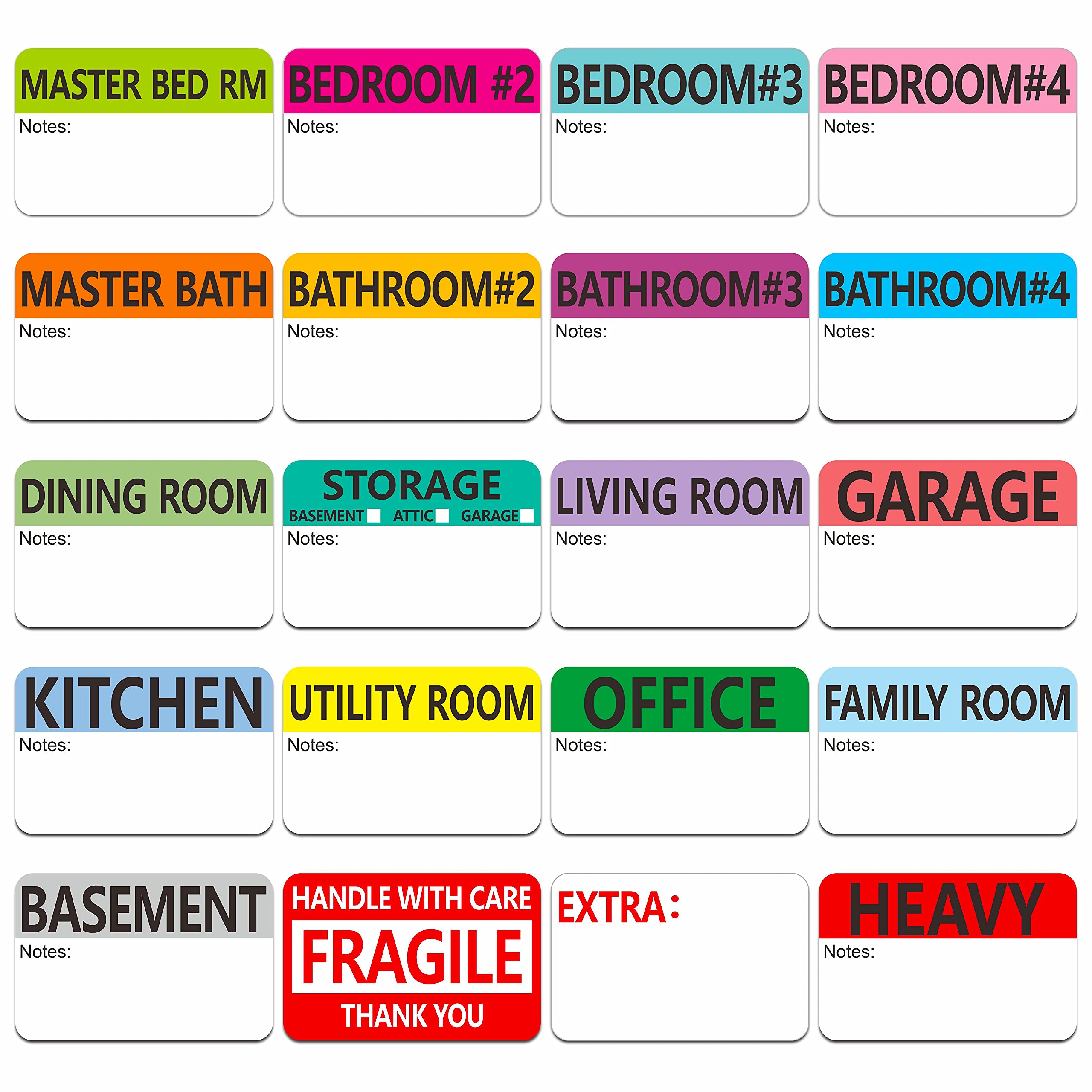 Hebayy 500 pcs 20 Designs Pre-Printed Color-Coded Home Moving Packing BoX Labels with Writable Notes Areas, Each Measures 2 inch X 3 inch,Black — image 1