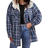 IN'VOLAND Plus Size Women Flannel Plaid Shacket Jacket Long Sleeve Button Down Fleece Hooded Jackets Fall Winter Coat