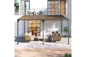 YOPTO 14.76 * 9.22 FT Wall-Mounted Gazebo,Iron Frame Patio Cover Lean-to Awning with PC Roof Panels,Outdoor Sloped Shelter w/Easy Wall-Mounted Installation,for Deck,Garden,Backyard,Gray