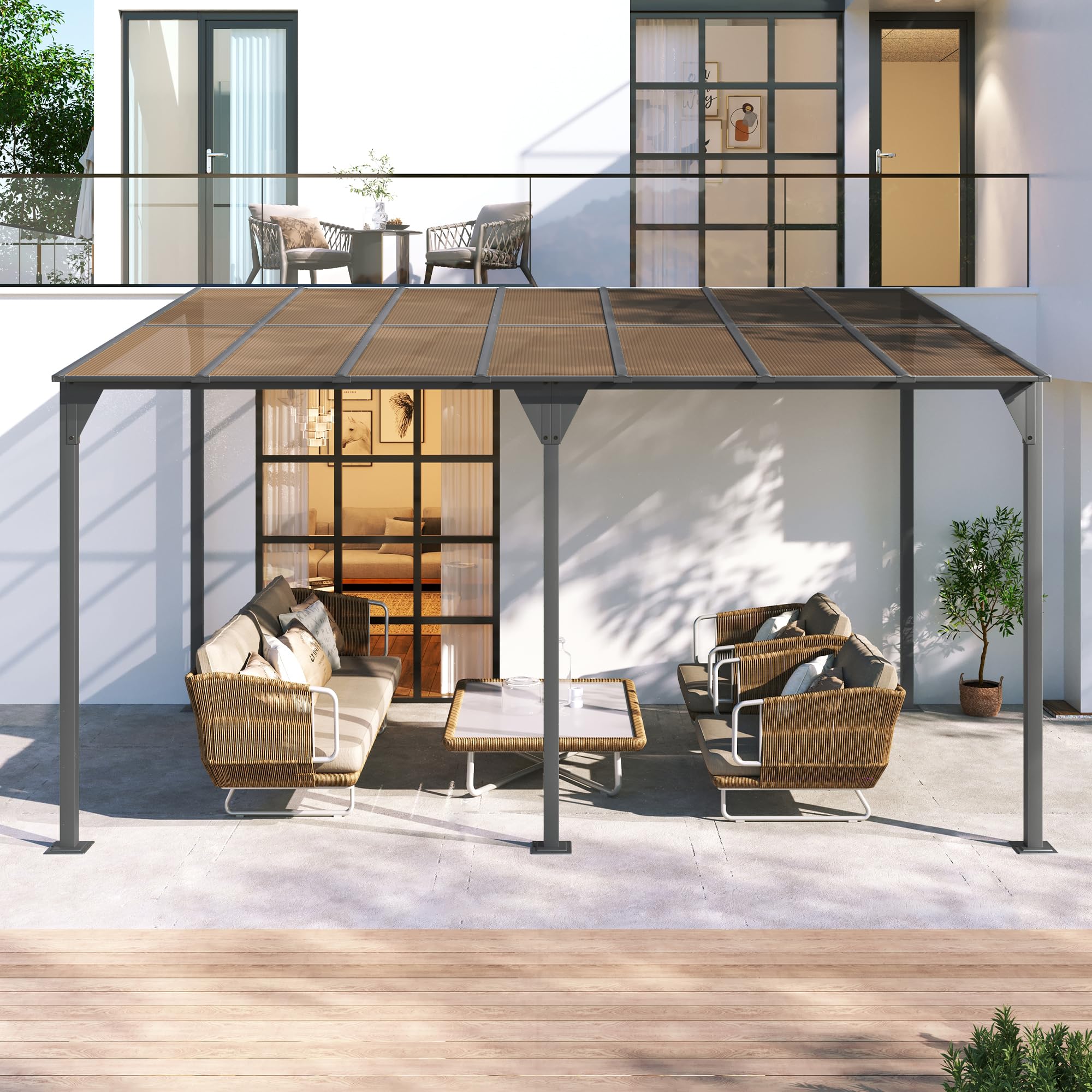 YOPTO 14.76 * 9.22 FT Wall-Mounted Gazebo,Iron Frame Patio Cover Lean-to Awning with PC Roof Panels,Outdoor Sloped Shelter w/Easy Wall-Mounted Installation,for Deck,Garden,Backyard,Gray
