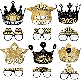 Runloon 12Pcs Happy New Year Party Supplies Include Black Gold New Year Hats Paper Crown and 2026 Party Eyeglasses for New Years Eve Party Photo Props Supplies 2026