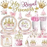 Xynic 187Pcs Her Royal Fiveness Birthday Decorations Tableware Set Serves 25 Guests, Princess Birthday Party Decorations Includes Banner, Plates, Tablecloth, Cups, Cake Topper for 5th Girl