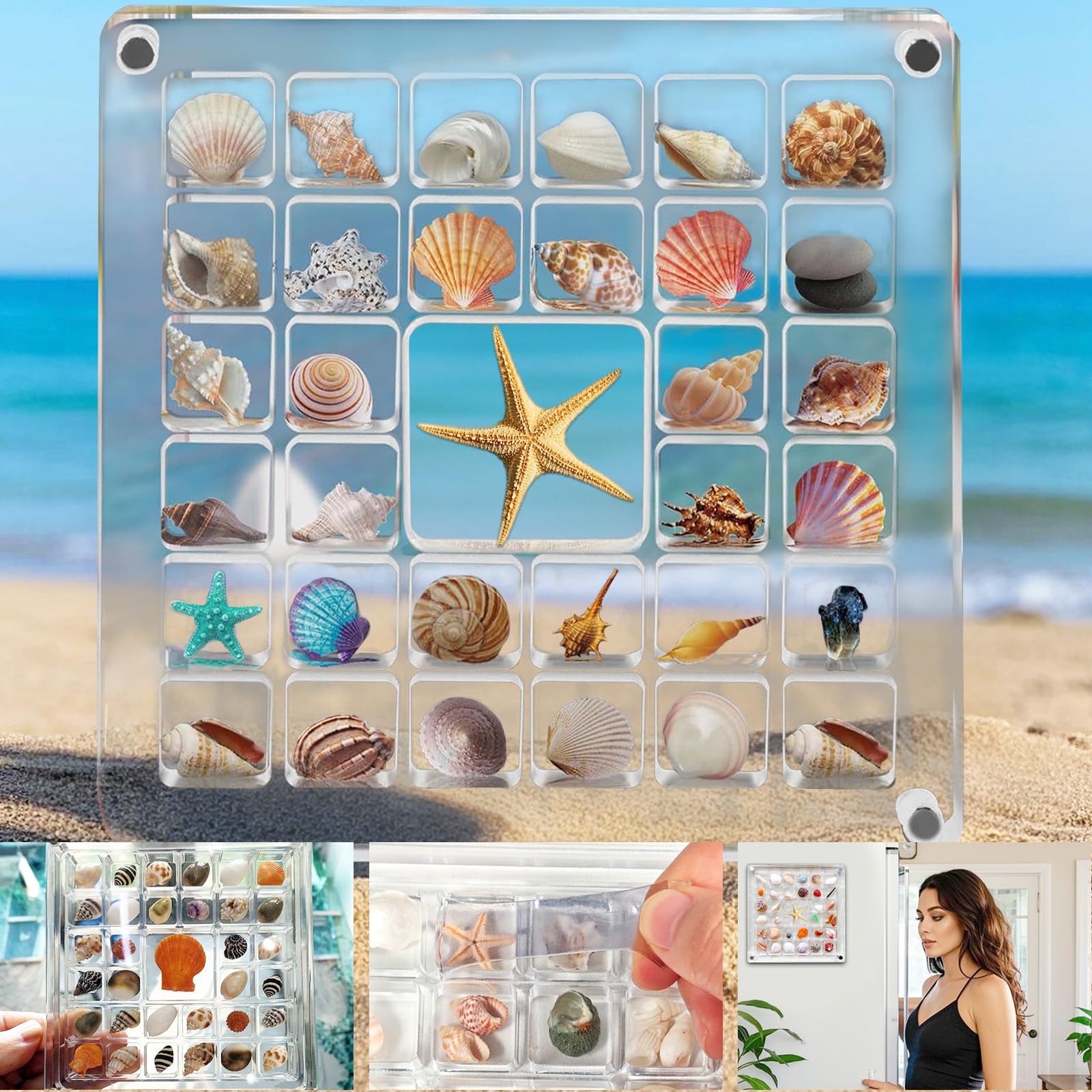 Photo 1 of QNFANN Acrylic Magnetic Seashell Display Box, 5.9 x 5.9 In Transparent Seashell Display Case, 33 Grids Shell Collecting Box, Fiberglass Seashell Display Case for Jewelry, Diamond, Nail, Bead, Stones