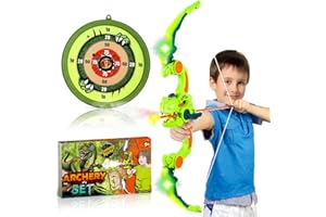 Fuwidvia Dinosaur Bow and Arrow, Kids Bow and Arrow Set with LED Lights & Spray, Archery Set with 8 Suction Cup Arrows & Hanging Target, Indoor Outdoor Kids Toys for Boys Girls Ages 4-12
