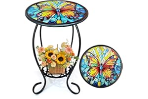 HONGLAND Outdoor Side Table, Mosaic 14" Round Patio Side Table, Butterfly Plant Stand, End Table Storage Shelf, Small Bistro Coffee Table for Garden Patio Porch Living Room(Butterfly)