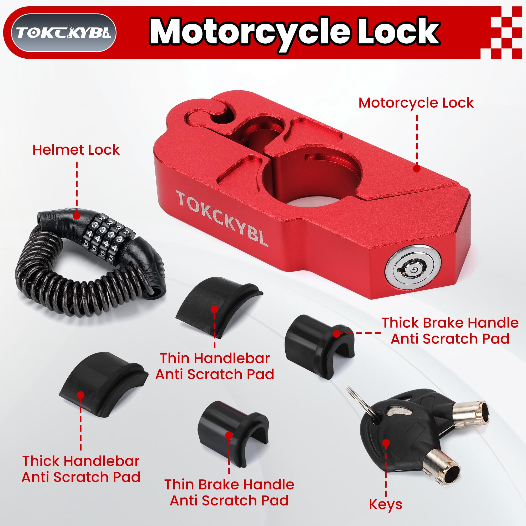 TOKCKYBL Motorcycle Lock, Heavy Duty Anti Theft Helmet, Brake and Handlebar Lock, Universal for Motorcycles, ATVs, Dirt Bikes, Mopeds，Scooters, Red