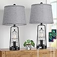 Farmhouse Table Lamps with 2 USB Ports, Set of 2 Rustic Industrial Desk Lamp for Living Room, 2-Light Black Bedside Lamp, Bedroom Nightstand Lamp with Gray Lampshade for House Decor, Reading