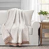 Lush Decor Sherpa Tassel Fringe Soft Throw Blanket Single 50" W x 60" L + 3" Neutral - Sherpa Blanket for Couch - Beige Throw Blankets for Bed