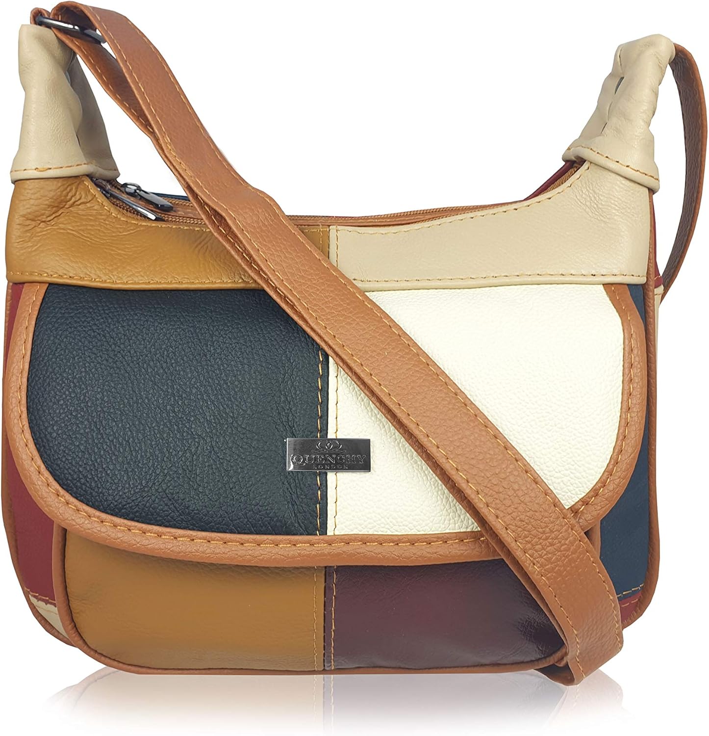 Quenchy London Ladies Real Leather Handbag, Womens Shoulder Hand Bag with 2 Top Handles, 8 Pockets