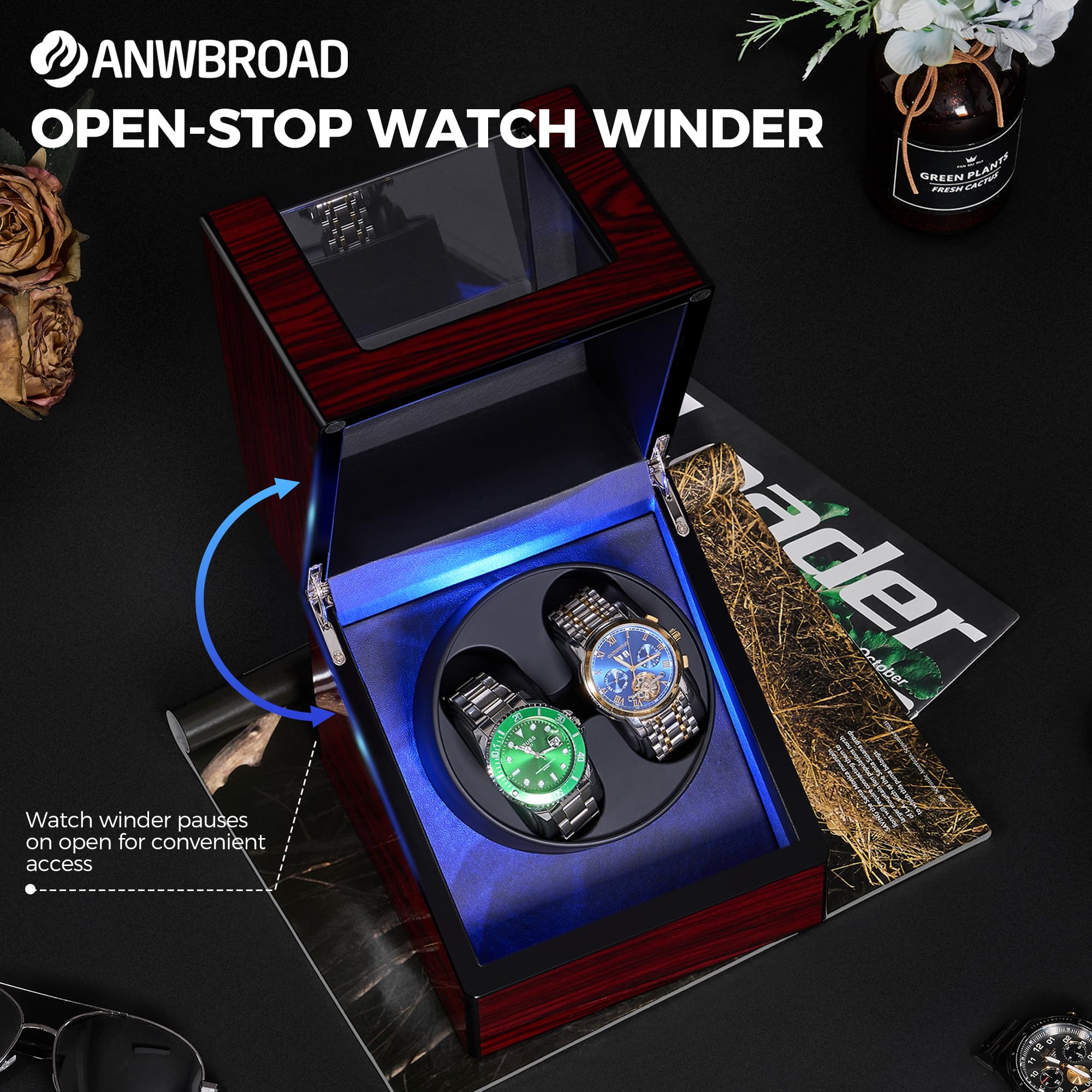 ANWBROAD Watch Winder for Automatic Watches Double with Super Quiet Motor Flexible Watch Pillows LED Backlight Wooden 5 Modes Battery or Type-C Adapter UJWW001Y